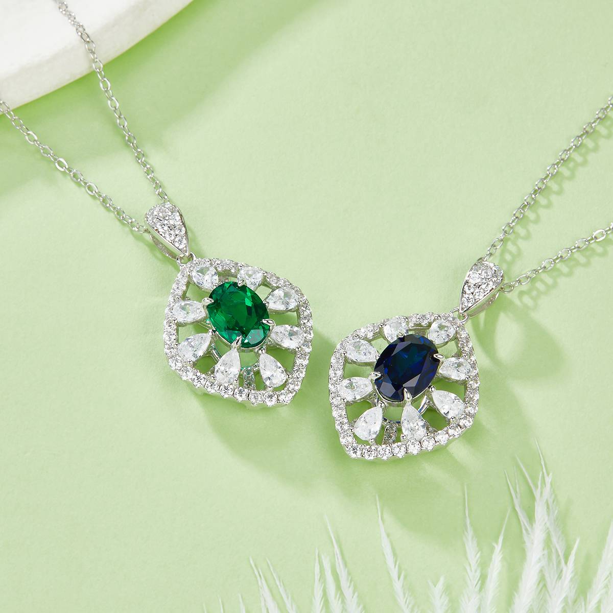 P1477 蛋形培育彩宝S925银镀白金Necklace1.5ct