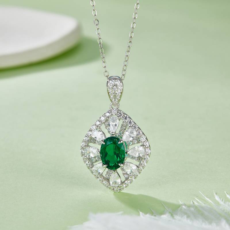 P1477 蛋形培育彩宝S925银镀白金Necklace1.5ct