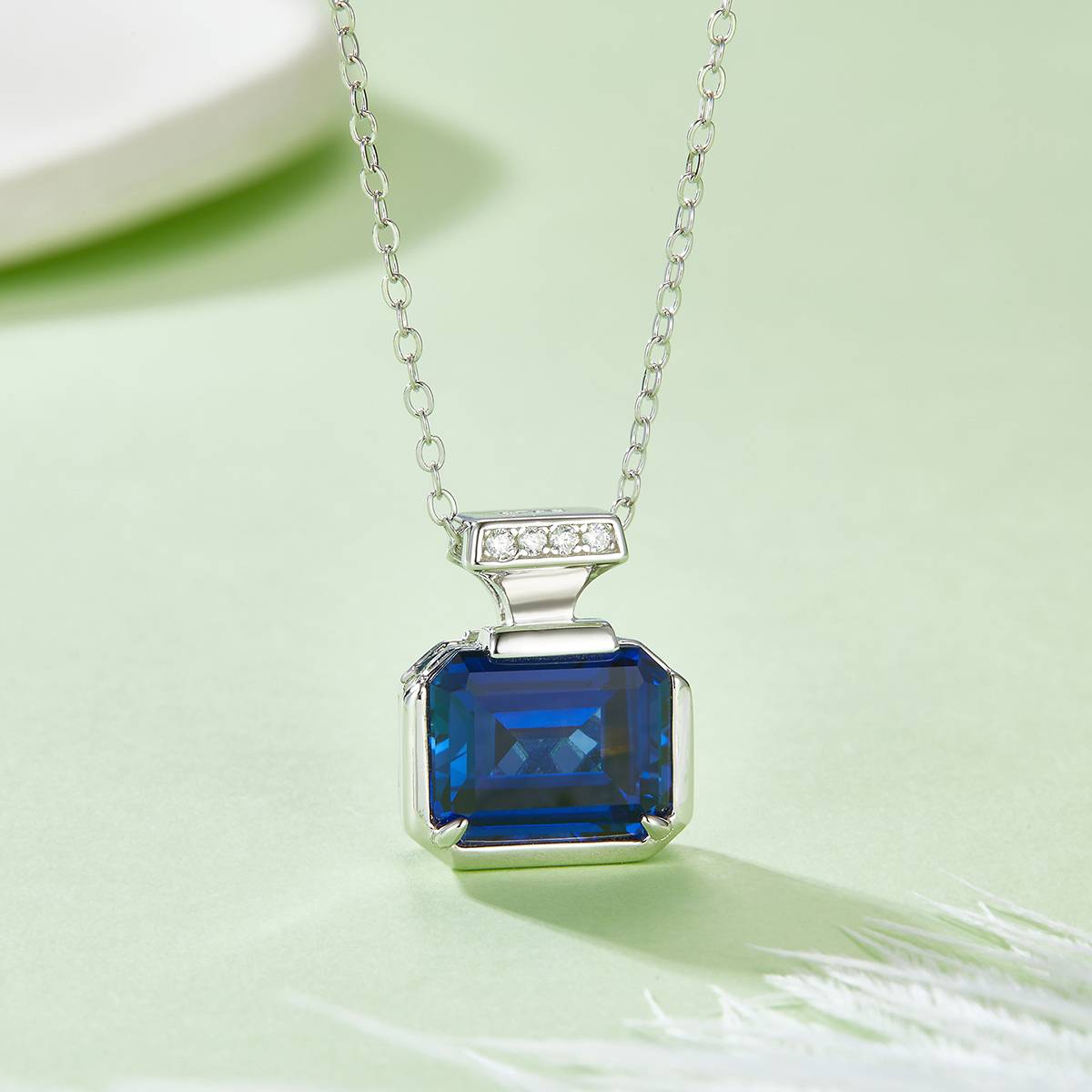 P1496DB 长方培育蓝宝石S925银镀白金项链4.0CT