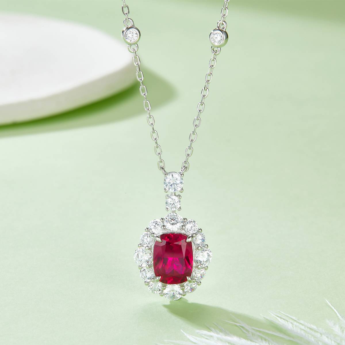 P1581R 长方培育红宝石S925银镀白金Necklace4.0ct