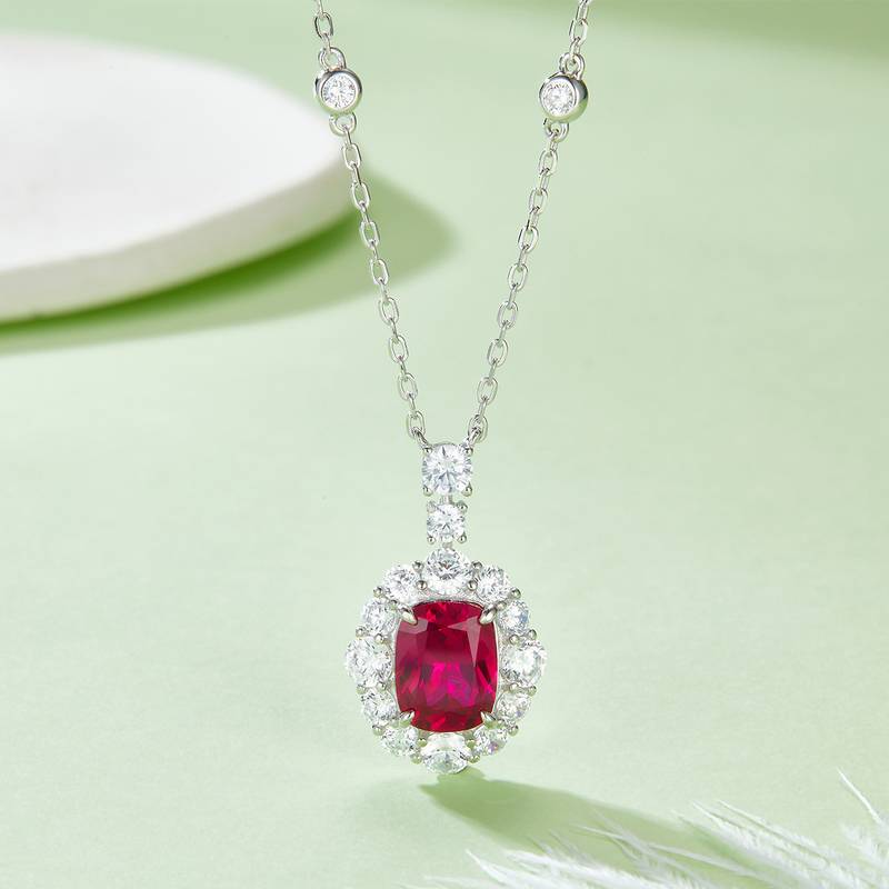 P1581R 长方培育红宝石S925银镀白金Necklace4.0ct