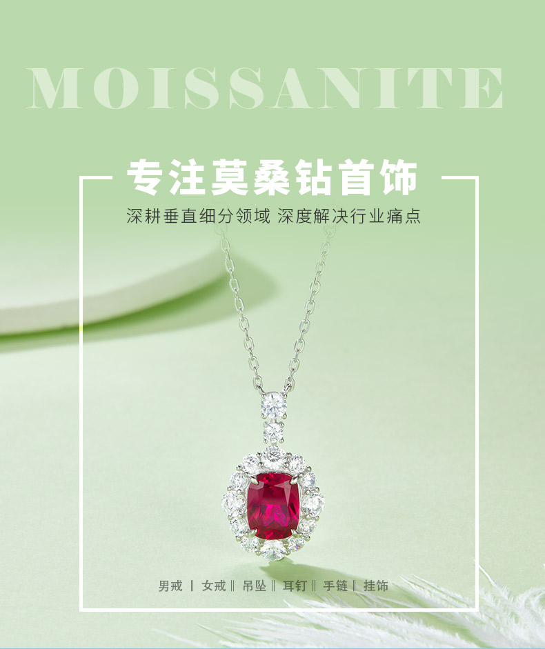 P1581R 长方培育红宝石S925银镀白金项链4.0CT - 1