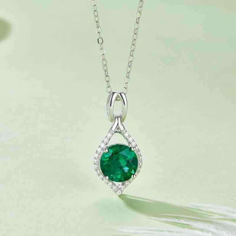 P1614 圆形培育祖母绿S925银镀白金Necklace2.3ct