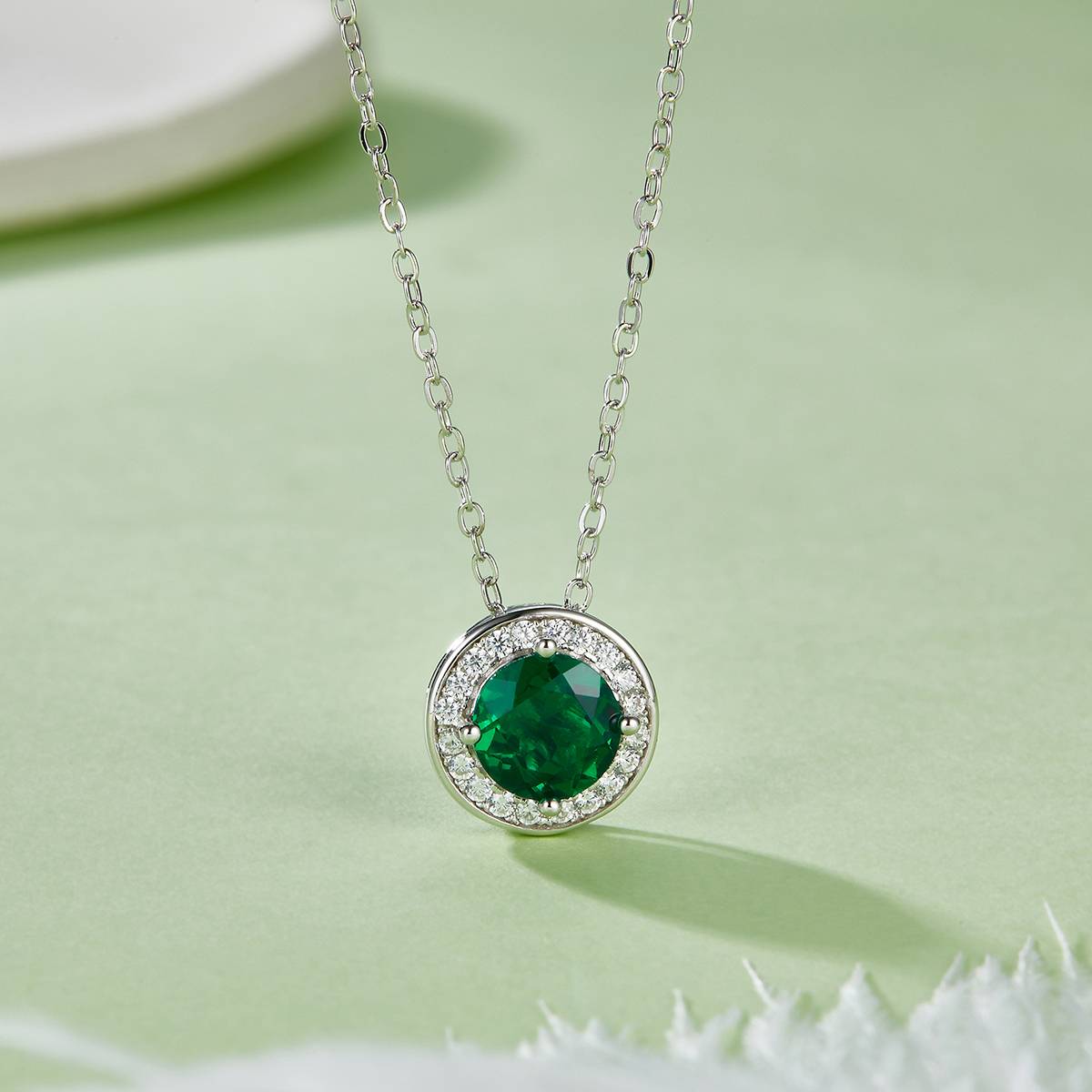 P1649 圆形培育彩宝S925银镀白金Necklace1.0ct