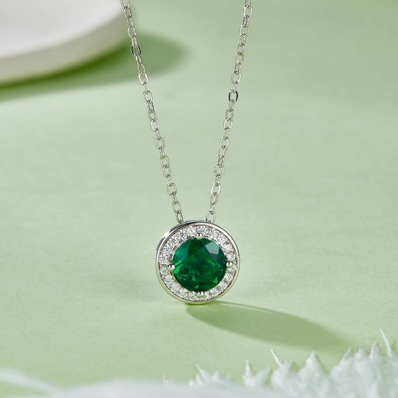 P1649 圆形培育彩宝S925银镀白金Necklace1.0ct