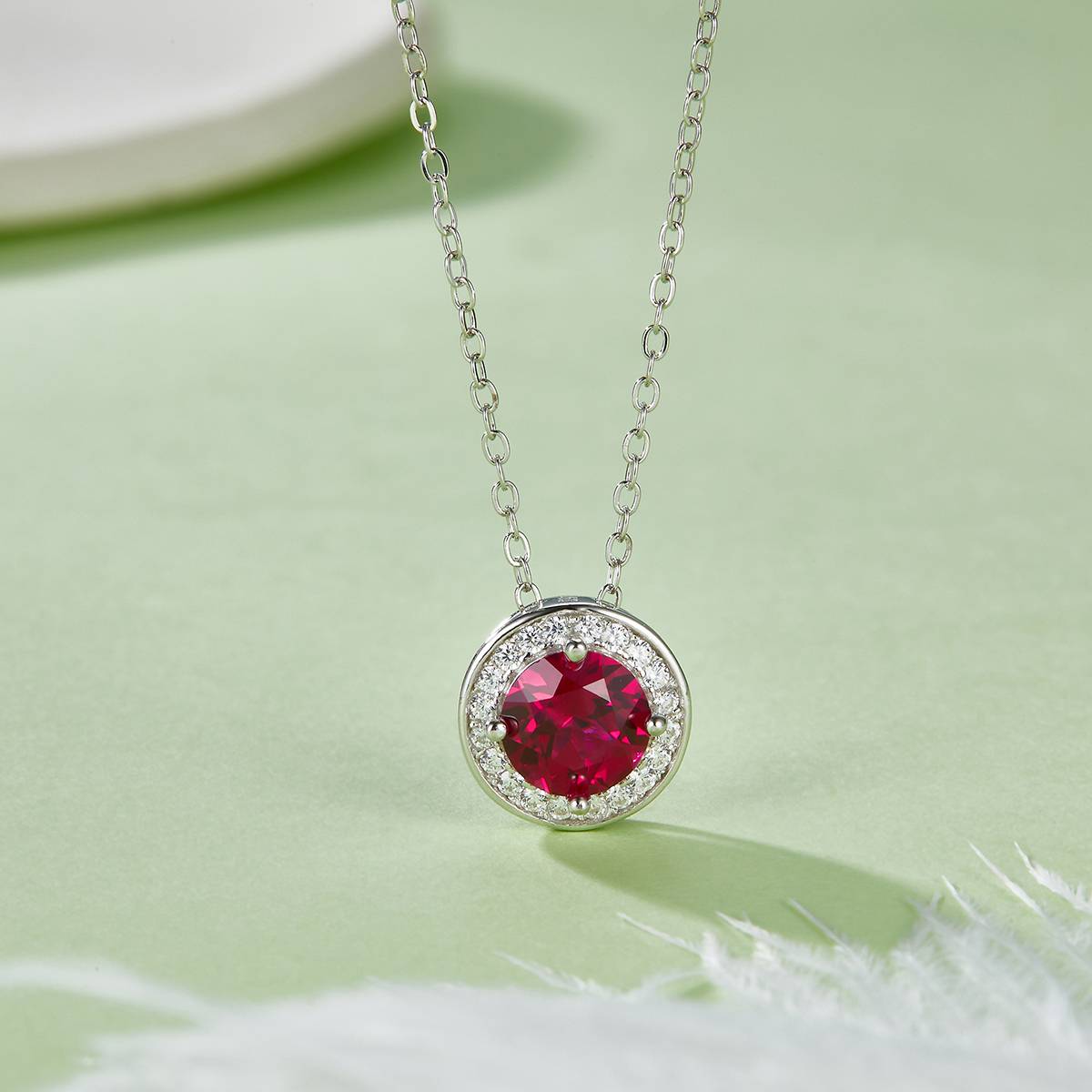 P1649 圆形培育彩宝S925银镀白金Necklace1.0ct