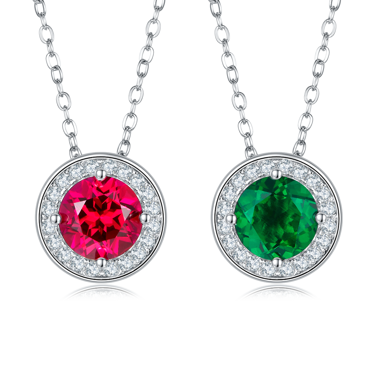 P1649 圆形培育彩宝S925银镀白金Necklace1.0ct