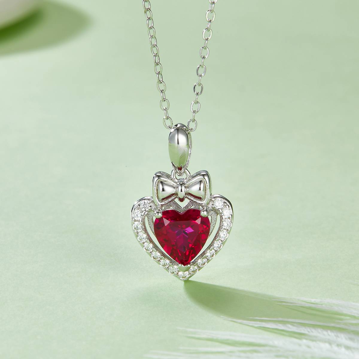 P1690R 心形培育红宝石S925银镀白金Necklace1.56ct