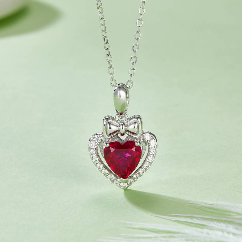 P1690R 心形培育红宝石S925银镀白金Necklace1.56ct