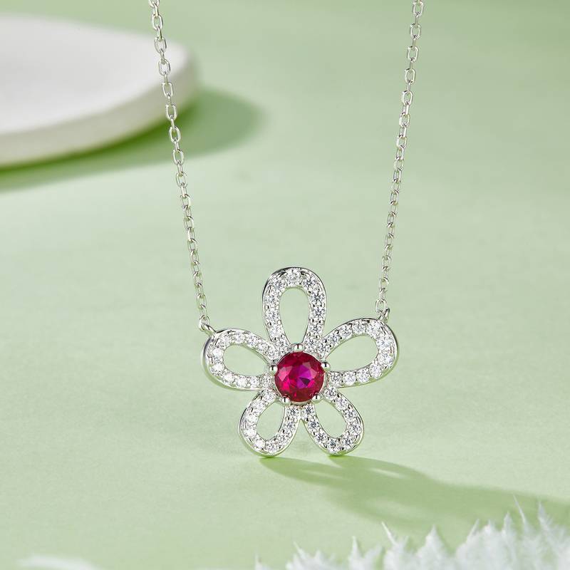 P3166-1-2 圆形培育彩宝S925银镀白金Necklace0.5ct
