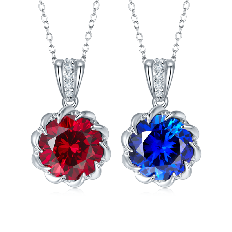 P1447 圆形培育彩宝S925银镀白金Necklace8.0ct