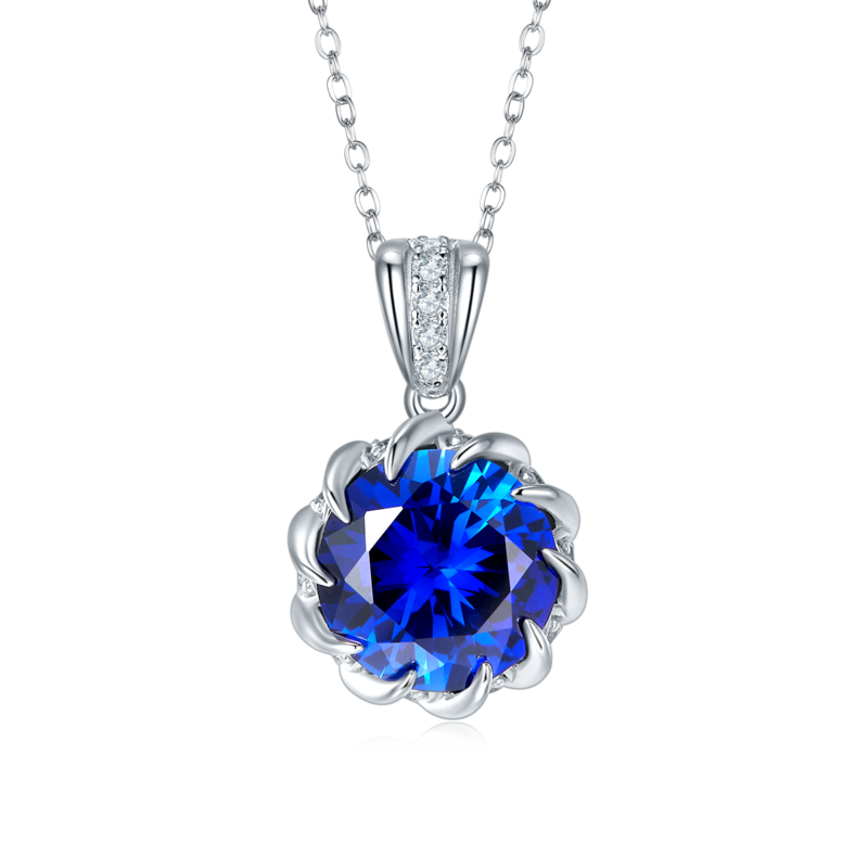 P1447 圆形培育彩宝S925银镀白金Necklace8.0ct