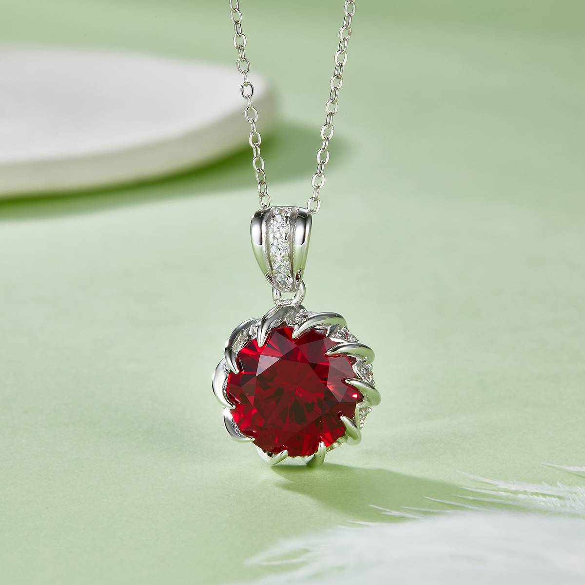 P1447 圆形培育彩宝S925银镀白金Necklace8.0ct