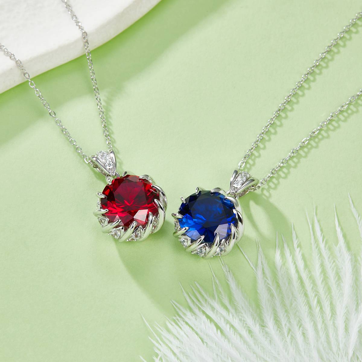 P1447 圆形培育彩宝S925银镀白金Necklace8.0ct