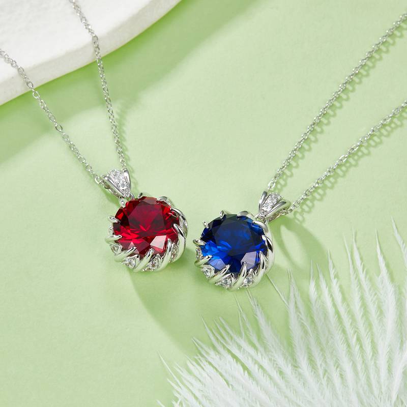 P1447 圆形培育彩宝S925银镀白金Necklace8.0ct