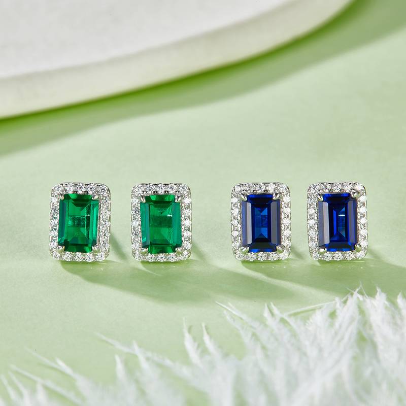 E2020423 长方培育彩宝S925银镀白金耳环6*4mmmm/2.0ct