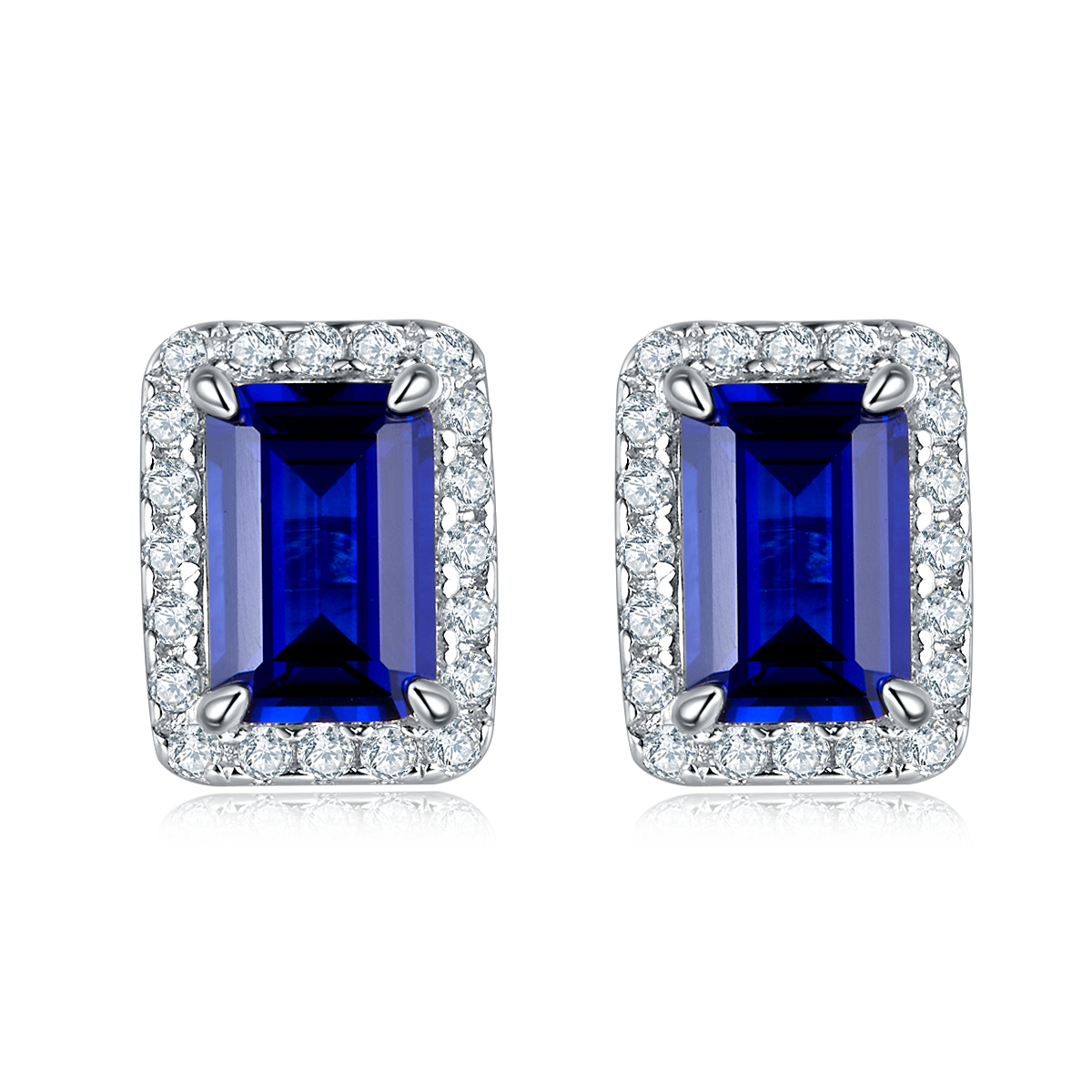 E2020423 长方培育彩宝S925银镀白金耳环6*4mmmm/2.0ct