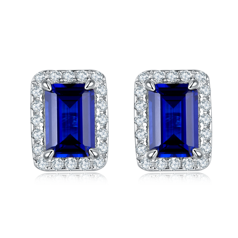 E2020423 长方培育彩宝S925银镀白金耳环6*4mmmm/2.0ct