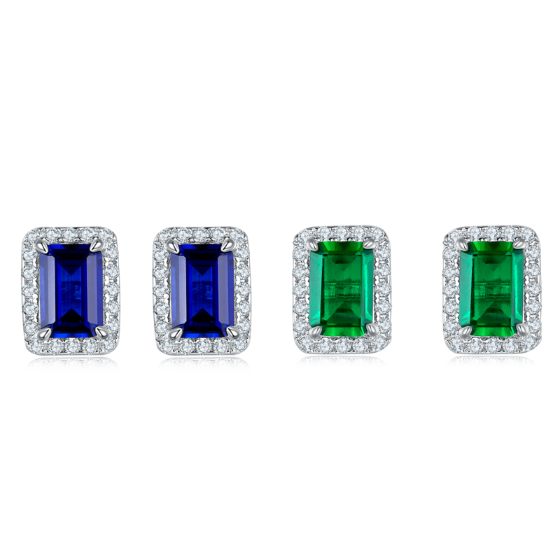 E2020423 长方培育彩宝S925银镀白金耳环6*4mmmm/2.0ct