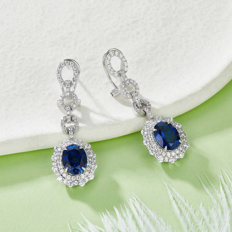 E202320 蛋形培育彩宝S925银镀白金耳环4.0ct
