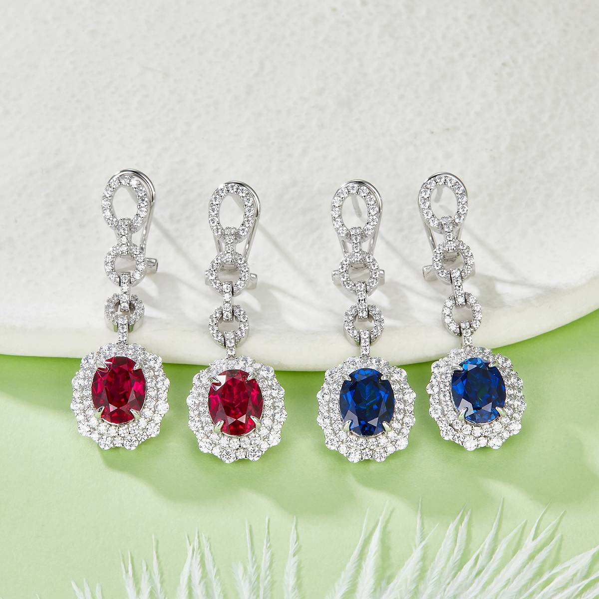 E202320 蛋形培育彩宝S925银镀白金耳环4.0ct