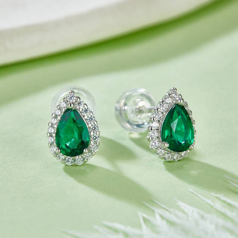 E1617 梨形培育彩宝S925银镀白金耳环1.0ct