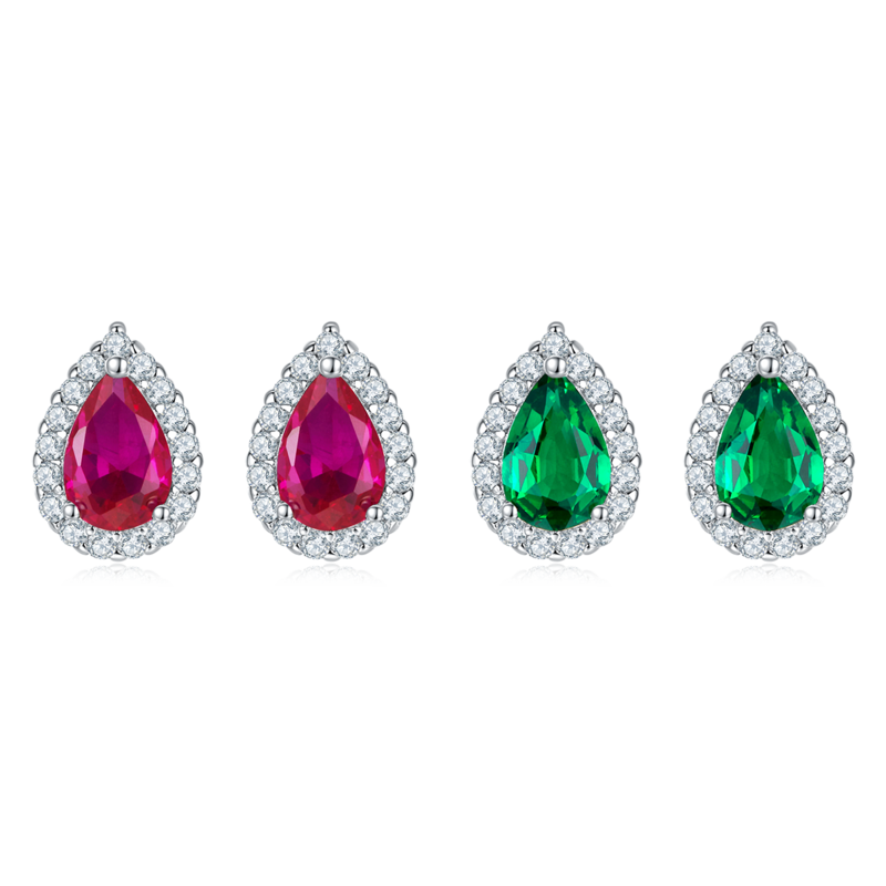 E1617 梨形培育彩宝S925银镀白金耳环1.0ct