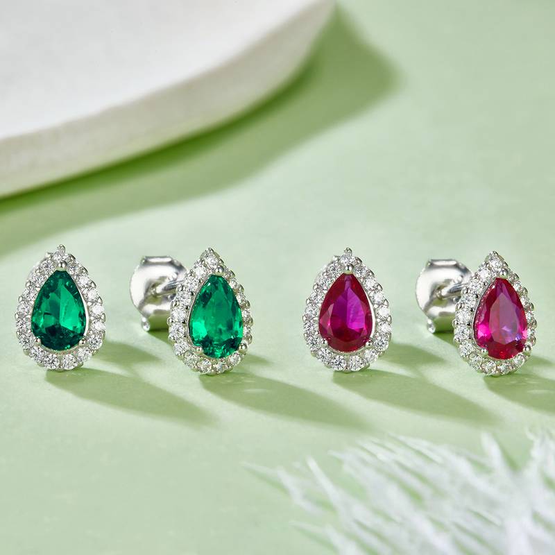 E1617 梨形培育彩宝S925银镀白金耳环1.0ct