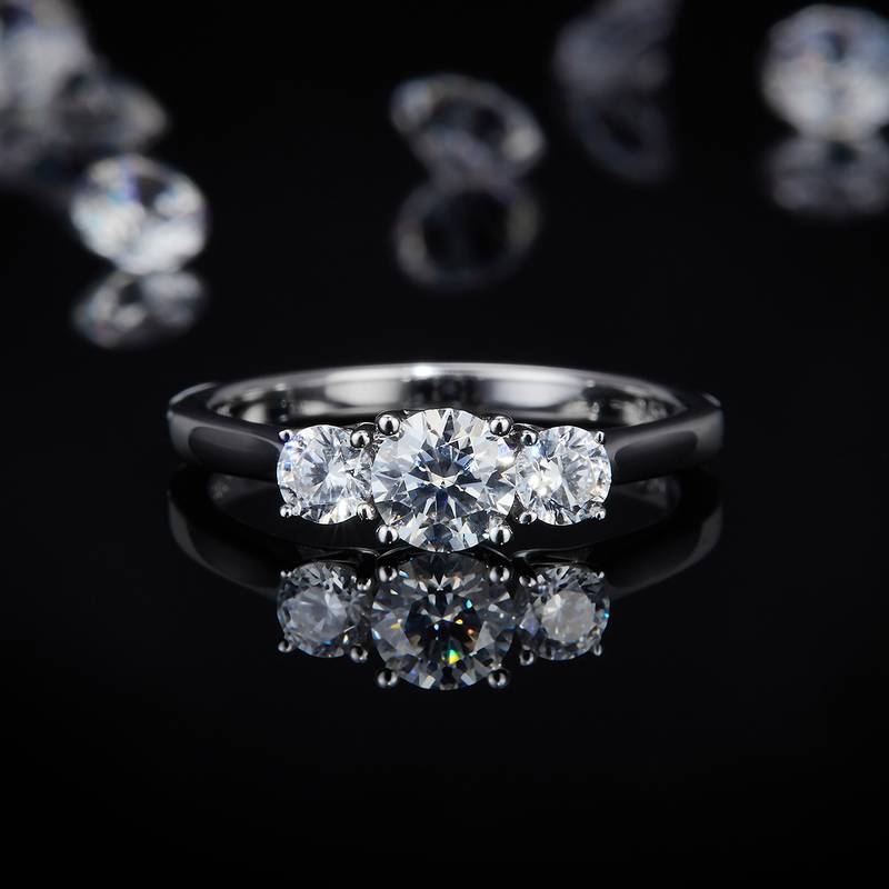 Three stone round diamond women's ring S925 silver plated platinum customized main and secondary stone Moissanite diamonds 0.5ct