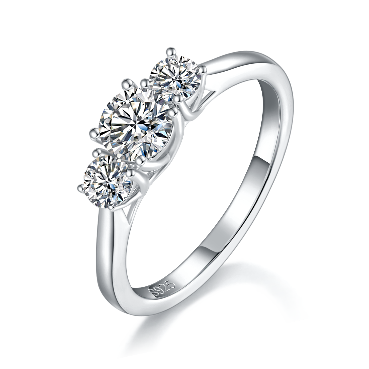 三石款圆钻女戒S925银镀白金定制主副石莫桑钻0.5ct