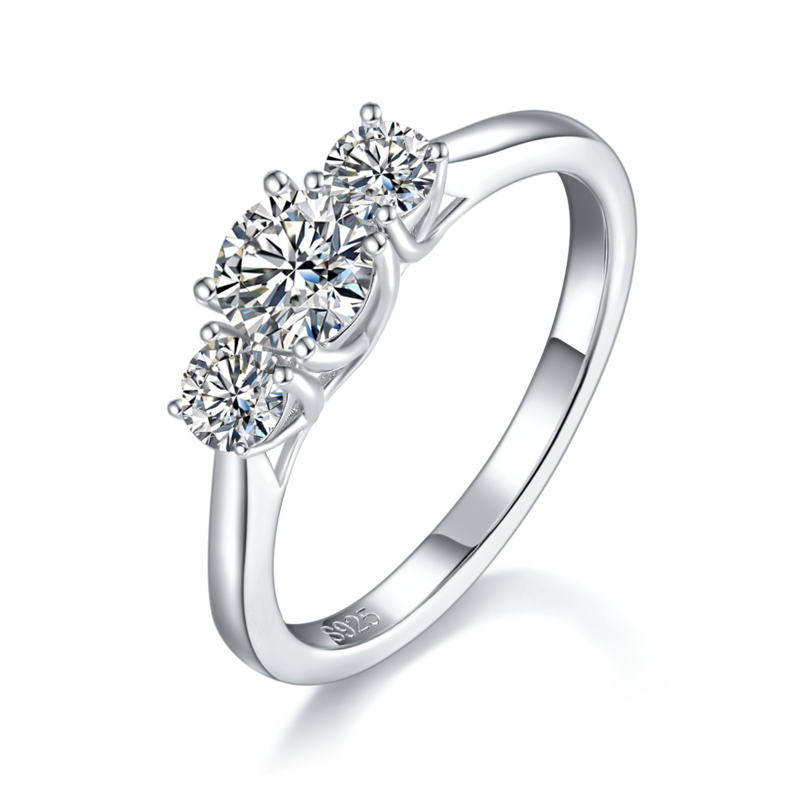 Three stone round diamond women's ring S925 silver plated platinum customized main and secondary stone Moissanite diamonds 0.5ct