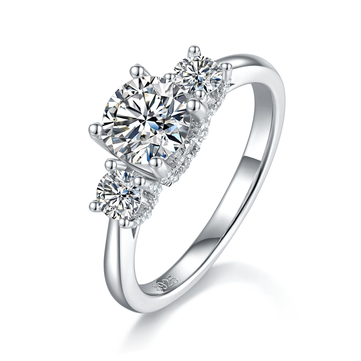 三石女戒S925银镀白金定制主石莫桑钻1.0ct/副石高碳钻