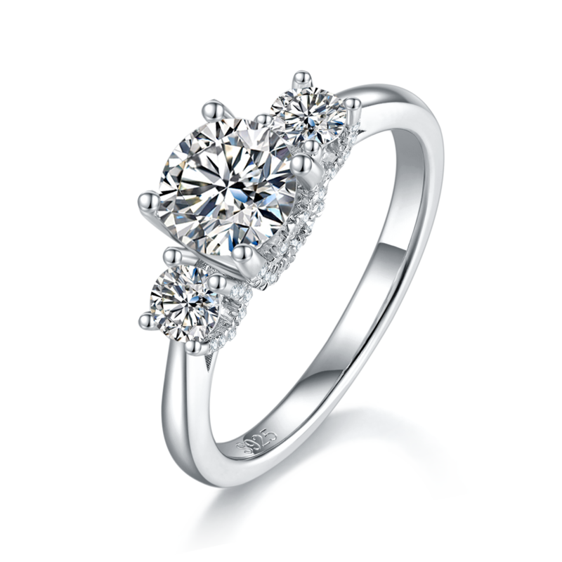 Three Stone Women's Ring S925 Silver Plated Platinum Customized Main Stone Moissanite Diamond 1.0ct/Secondary Stone High Carbon Diamond