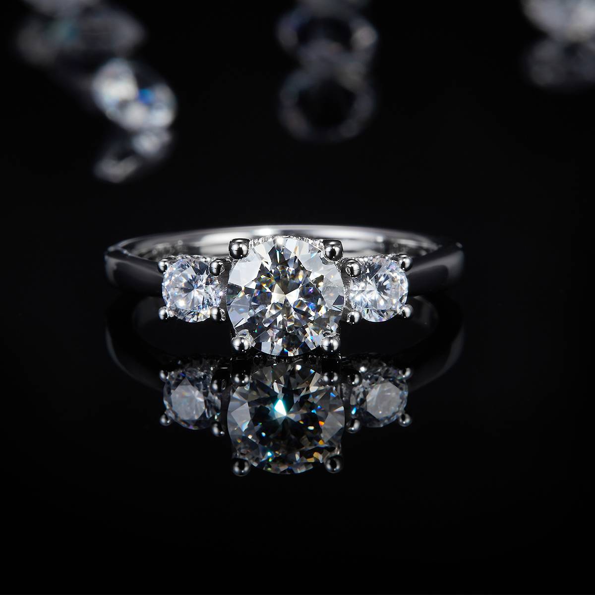 三石女戒S925银镀白金定制主石莫桑钻1.0ct/副石高碳钻