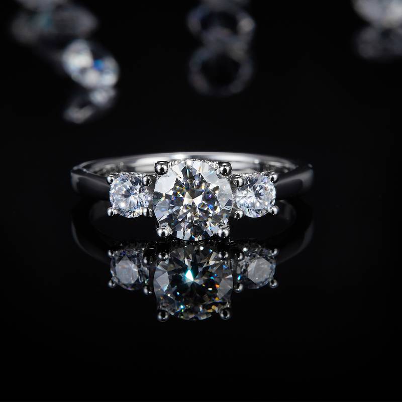 Three Stone Women's Ring S925 Silver Plated Platinum Customized Main Stone Moissanite Diamond 1.0ct/Secondary Stone High Carbon Diamond