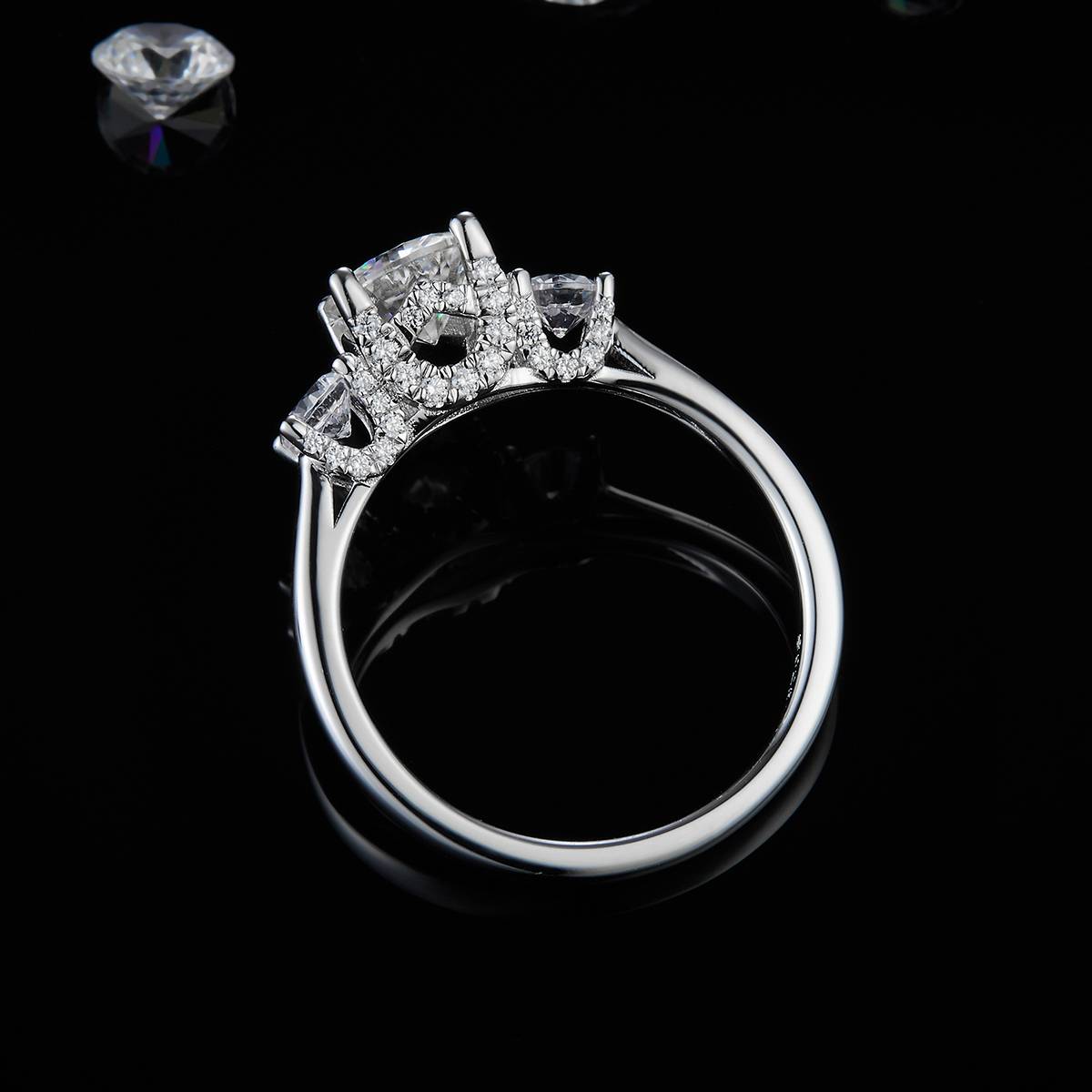 三石女戒S925银镀白金定制主石莫桑钻1.0ct/副石高碳钻