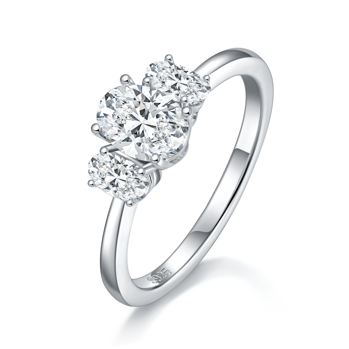 蛋形三石女戒S925银镀白金定制主副石莫桑钻1.0ct