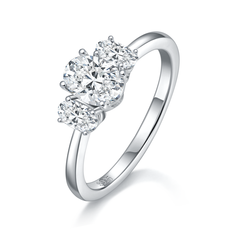 Egg shaped Three Stone Women's Ring S925 Silver Plated Platinum Customized Main and Deputy Stone Moissanite Diamonds 1.0ct
