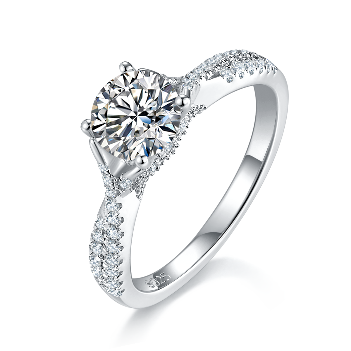 四爪女戒S925银镀白金定制选款主石莫桑钻1.0ct/副石高碳钻