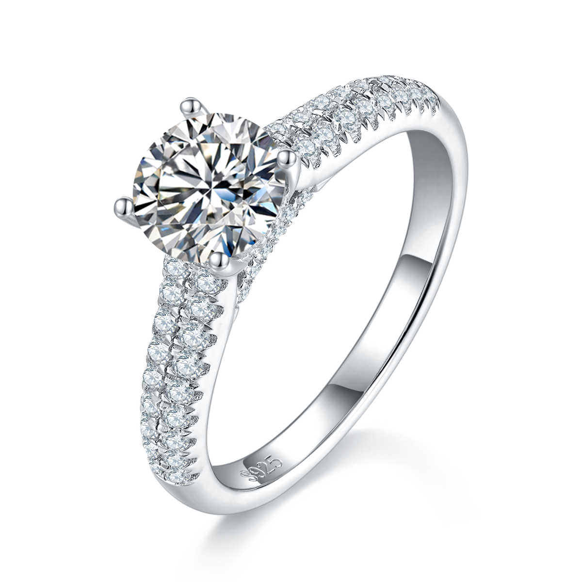 豪华四爪女戒S925银镀白金定制选款主石莫桑钻1.0ct/副石高碳钻