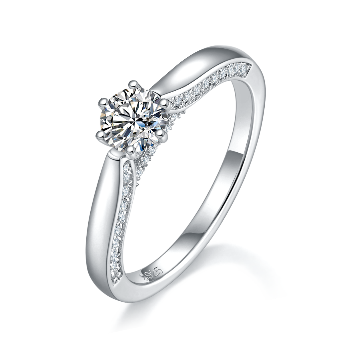 Six Claw Women's Ring S925 Silver Plated Platinum Customized Selection Main Stone Moissanite Diamond 0.5ct/Secondary Stone High Carbon Diamond