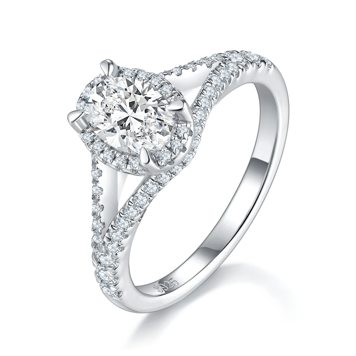 Y-arm micro inlaid egg shaped round bag women's ring S925 silver plated platinum customized selection main stone moissanite diamond 1.0ct/secondary stone high carbon diamond