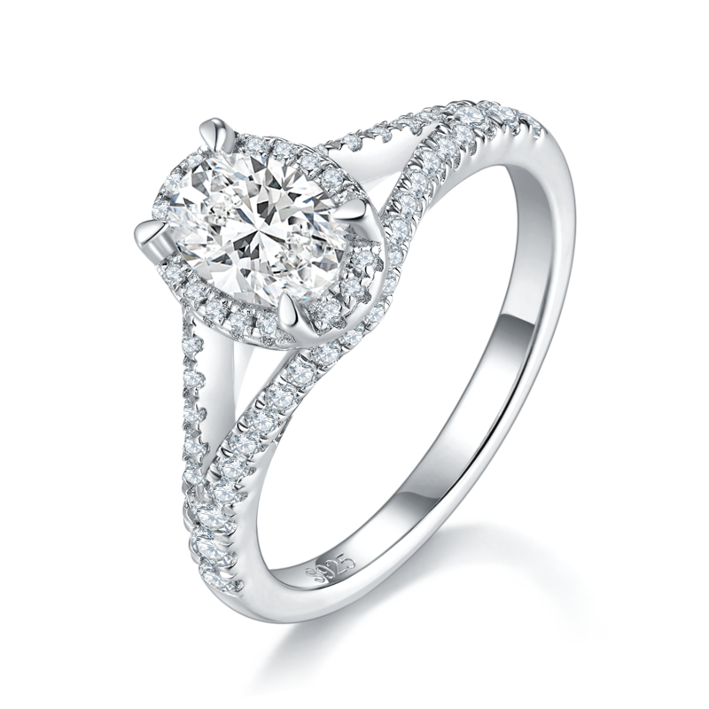 Y-arm micro inlaid egg shaped round bag women's ring S925 silver plated platinum customized selection main stone moissanite diamond 1.0ct/secondary stone high carbon diamond