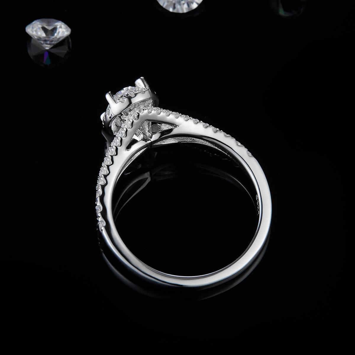 Y-arm micro inlaid egg shaped round bag women's ring S925 silver plated platinum customized selection main stone moissanite diamond 1.0ct/secondary stone high carbon diamond