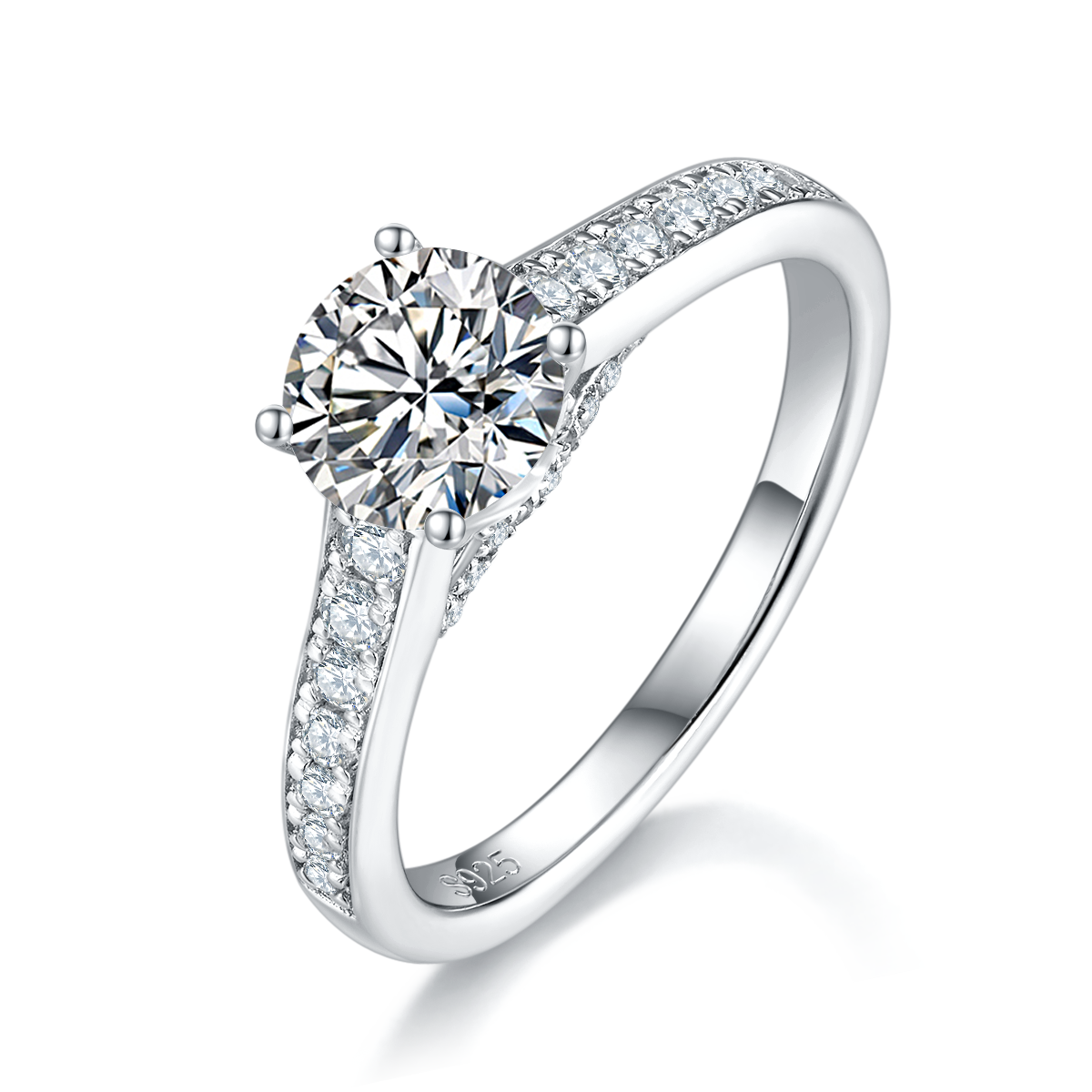 直臂微镶四爪女戒S925银镀白金定制选款主石莫桑钻1.0ct/副石高碳钻