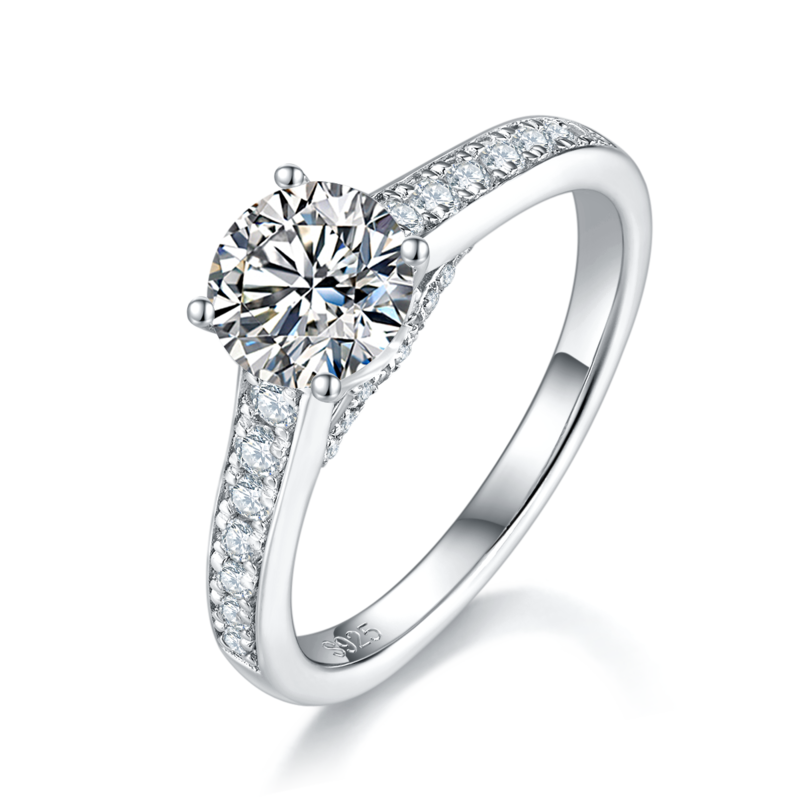 直臂微镶四爪女戒S925银镀白金定制选款主石莫桑钻1.0ct/副石高碳钻
