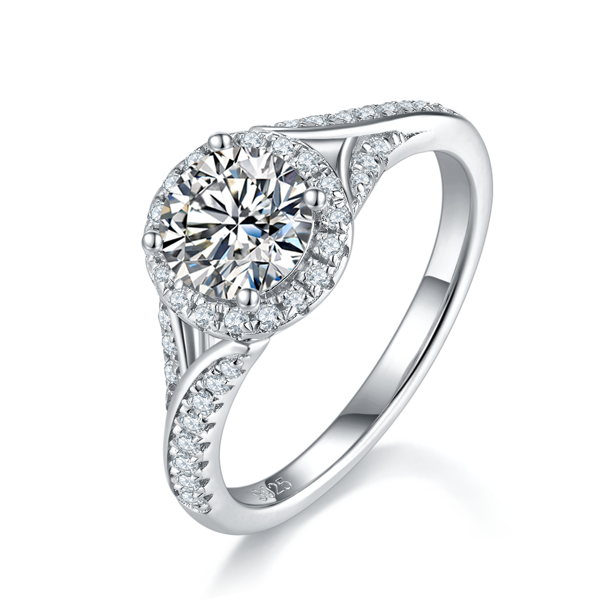 豪华双臂圆包女戒S925银镀白金定制选款主石莫桑钻1.0ct/副石高碳钻