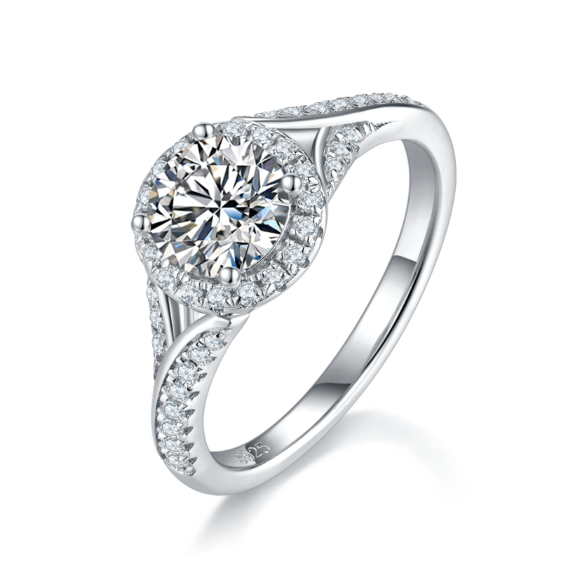 豪华双臂圆包女戒S925银镀白金定制选款主石莫桑钻1.0ct/副石高碳钻