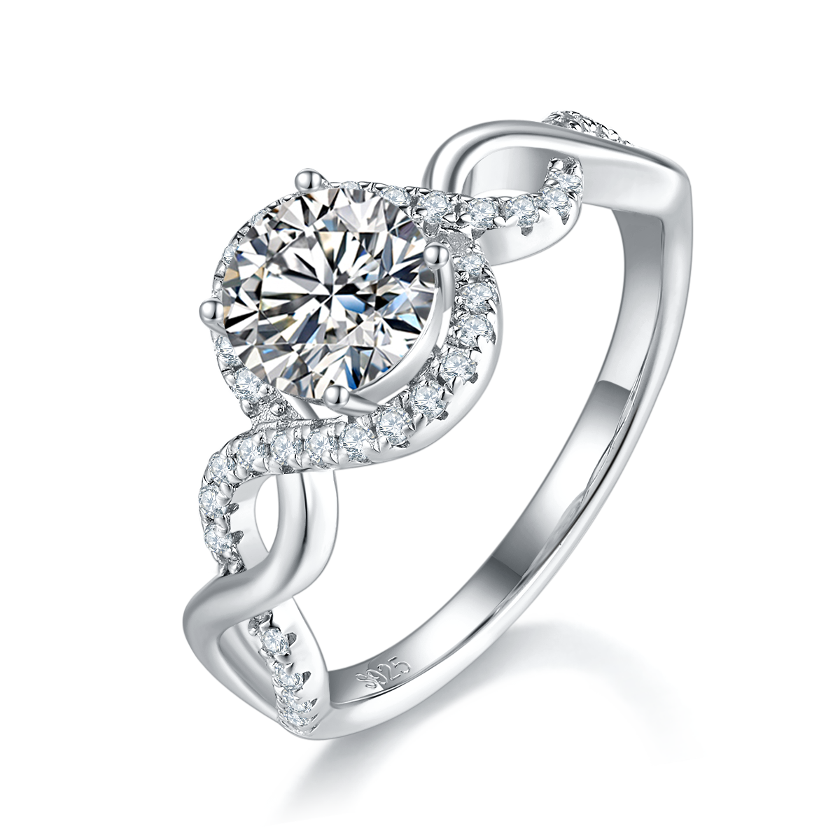 Micro inlaid Twisted Arm Round Bag Women's Ring S925 Silver Plated Platinum Customized Selection Main Stone Moissanite Diamond 1.0ct/Secondary Stone High Carbon Diamond