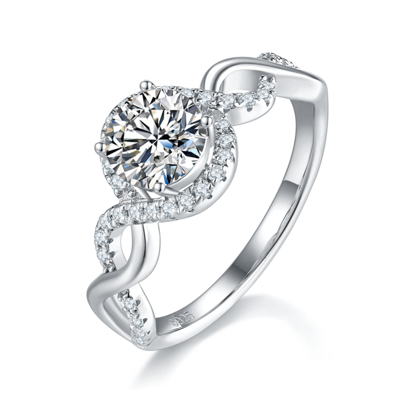 Micro inlaid Twisted Arm Round Bag Women's Ring S925 Silver Plated Platinum Customized Selection Main Stone Moissanite Diamond 1.0ct/Secondary Stone High Carbon Diamond